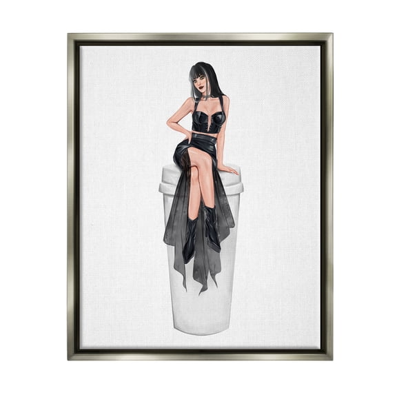 Stupell Fashionable Woman Glam Coffee Cup Beauty & Fashion Painting Gray Floater Framed Art Print Wall Art
