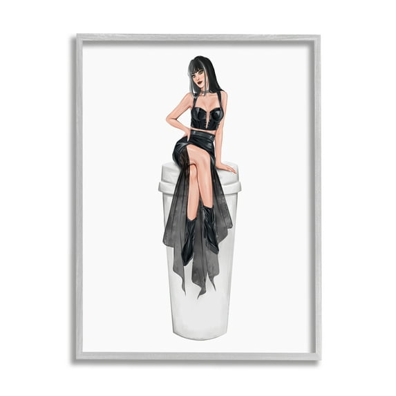 Stupell Fashionable Woman Glam Coffee Cup Beauty & Fashion Painting Gray Framed Art Print Wall Art