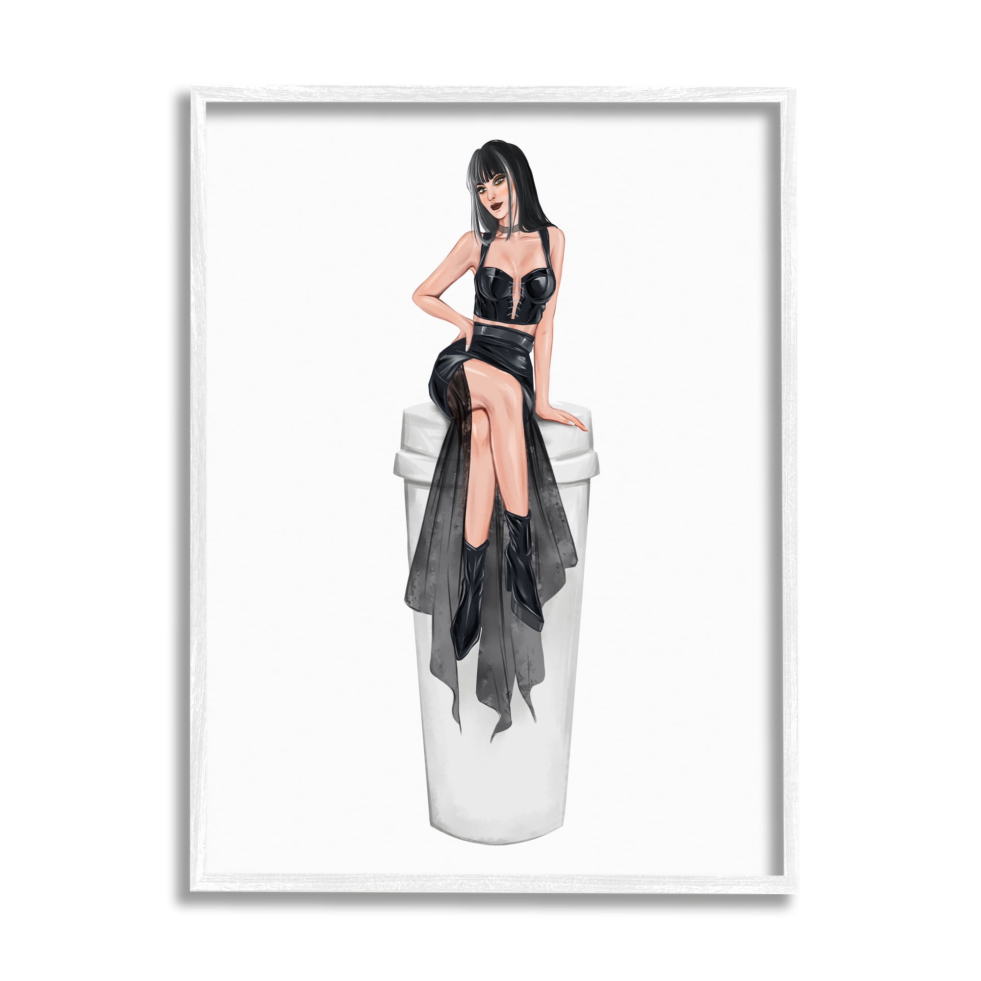 Stupell Fashionable Woman Glam Coffee Cup Beauty & Fashion Painting White Framed Art Print Wall Art