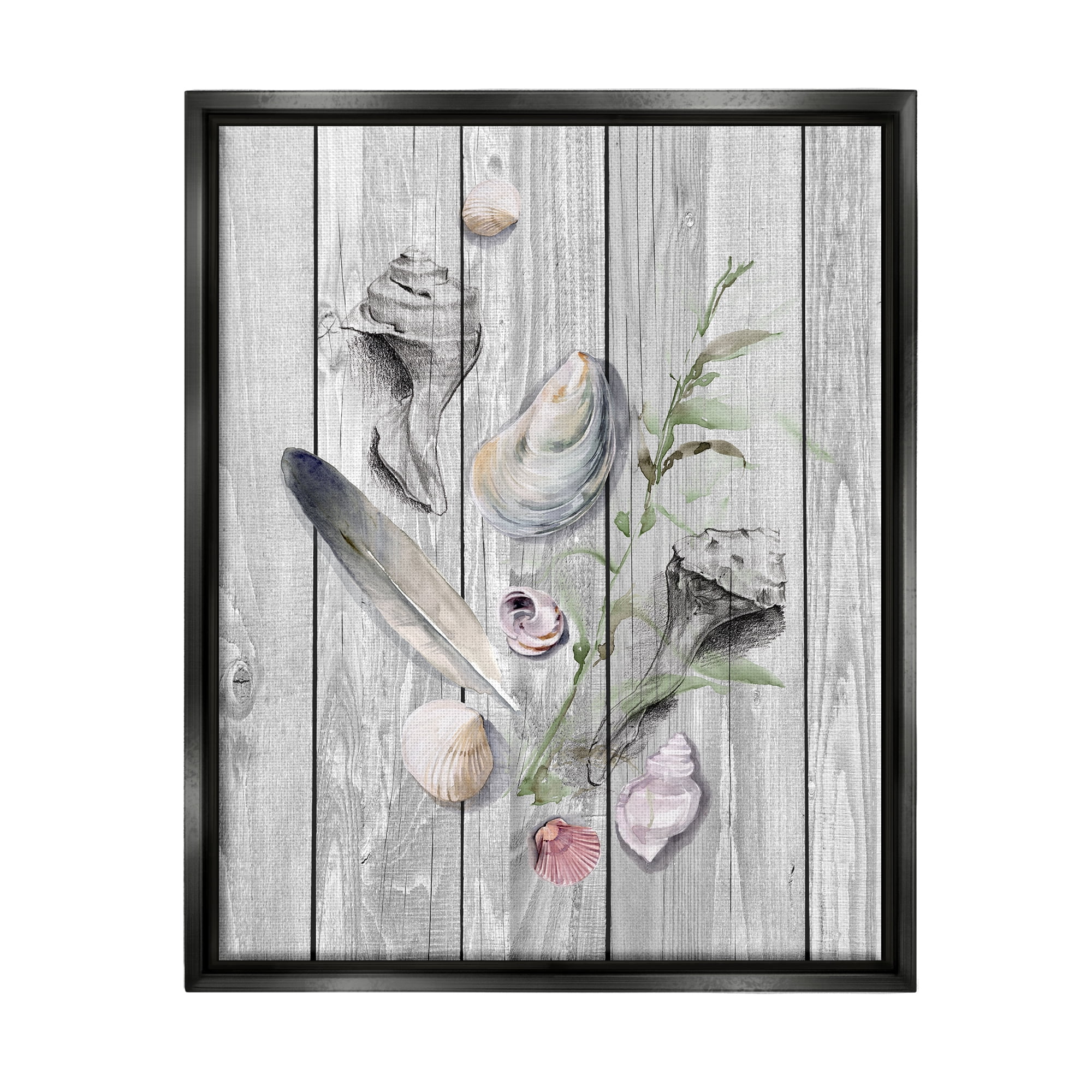 Stupell Feather & Seashells Collection Dock Landscape Painting Black Floater Framed Art Print Wall Art