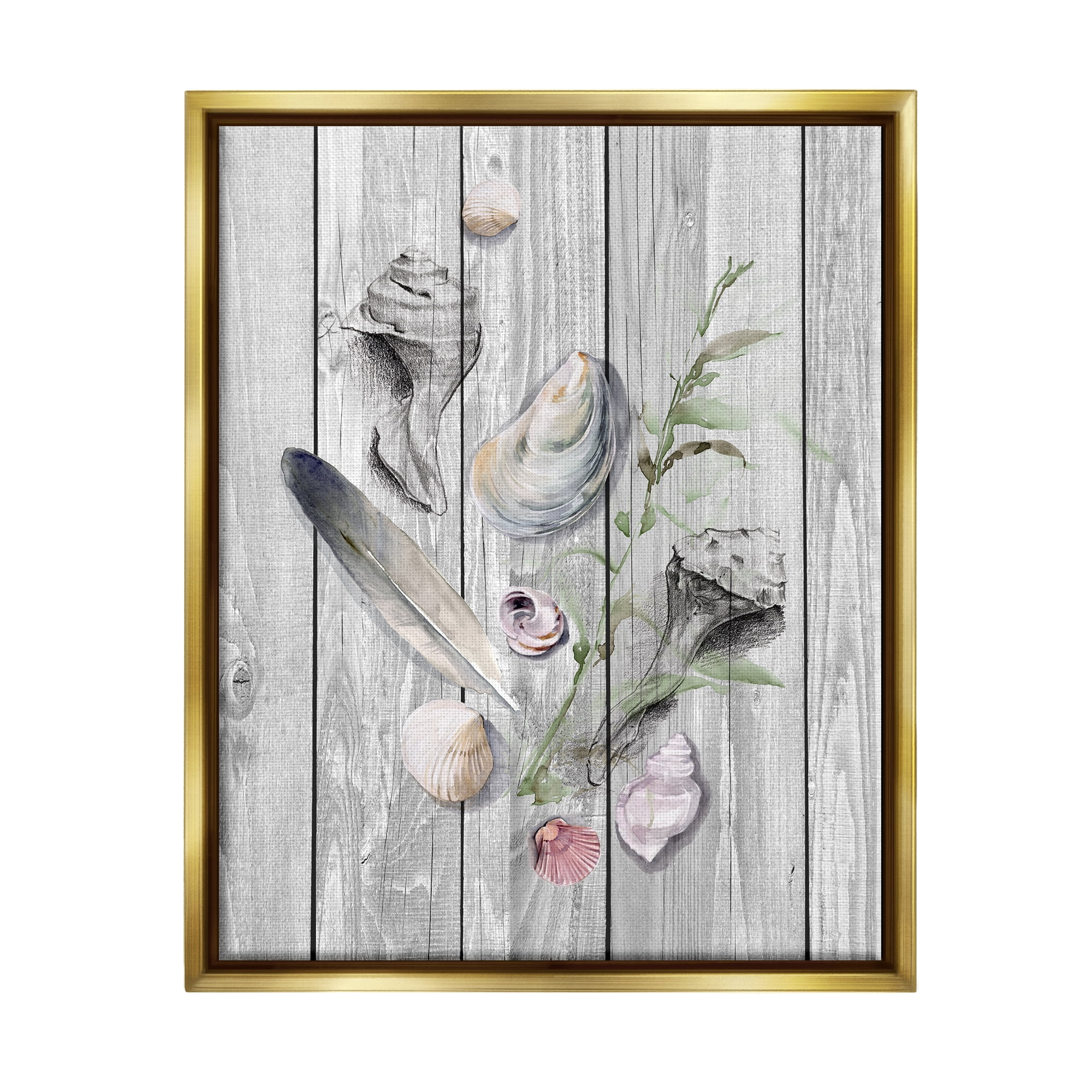 Stupell Feather & Seashells Collection Dock Landscape Painting Gold Floater Framed Art Print Wall Art