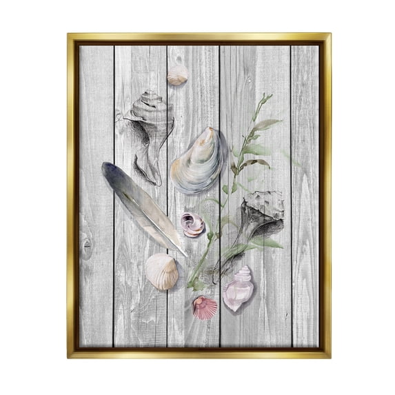 Stupell Feather & Seashells Collection Dock Landscape Painting Gold Floater Framed Art Print Wall Art