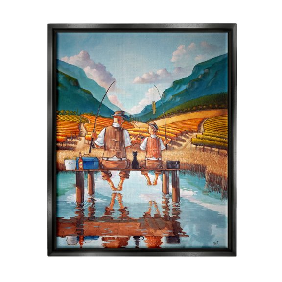 Stupell Fishing Pond Rural Quality Time Landscape Painting Black Floater Framed Art Print Wall Art