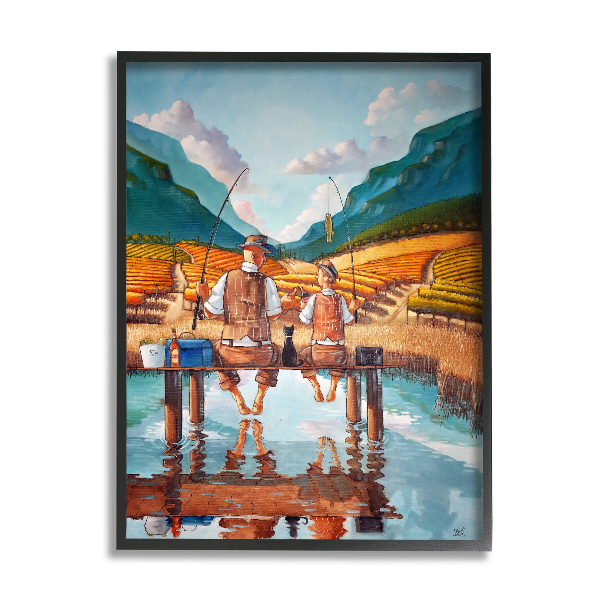 Stupell Fishing Pond Rural Quality Time Landscape Painting Black Framed Art Print Wall Art