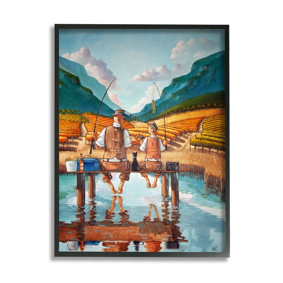 Stupell Fishing Pond Rural Quality Time Landscape Painting Black Framed Art Print Wall Art