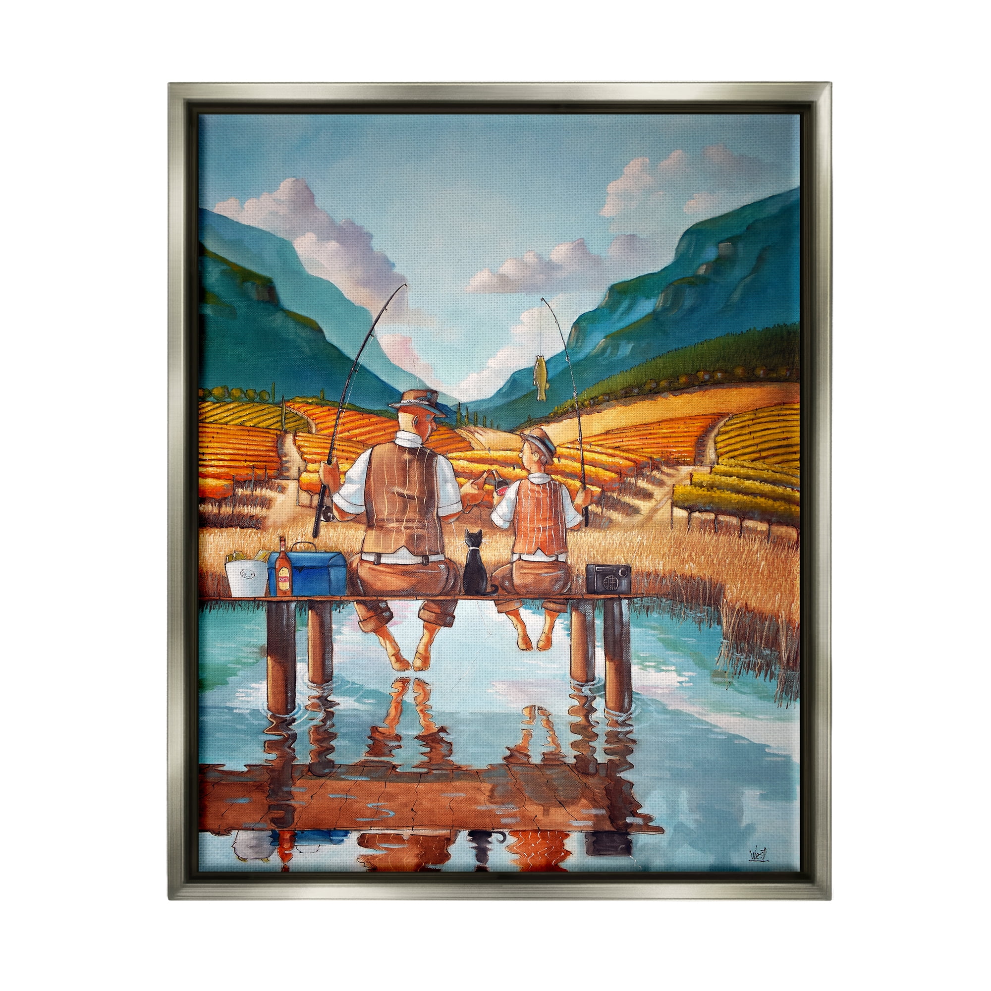 Stupell Fishing Pond Rural Quality Time Landscape Painting Gray Floater Framed Art Print Wall Art