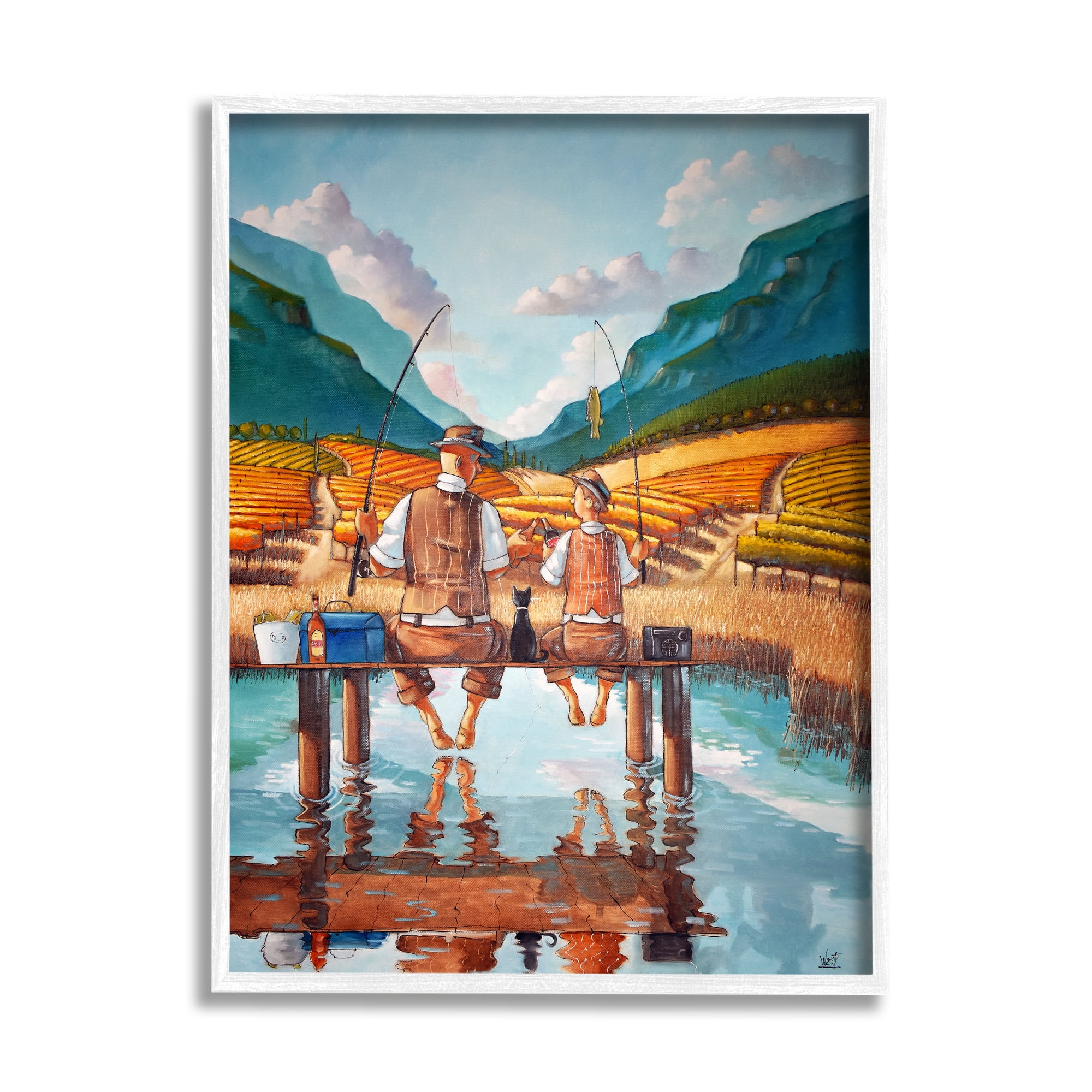 Stupell Fishing Pond Rural Quality Time Landscape Painting White Framed Art Print Wall Art