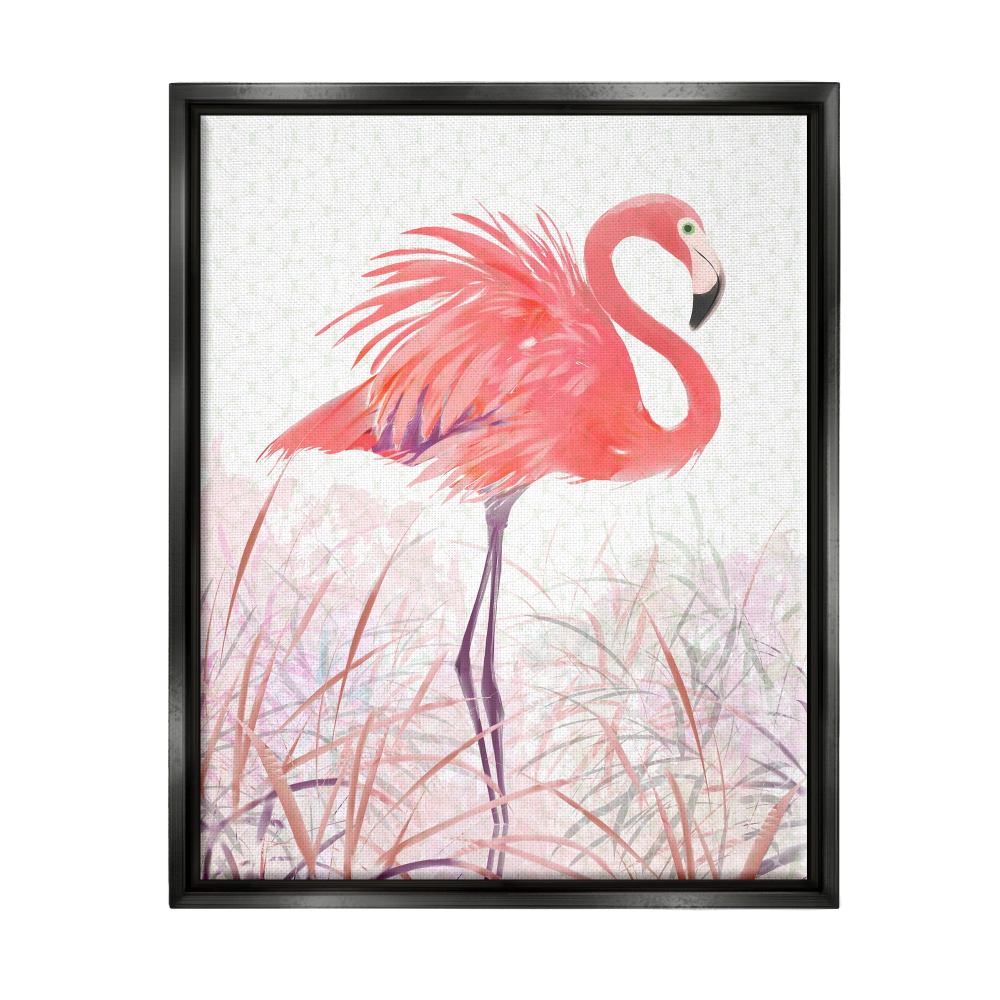 Stupell Flamingo Bird Tropical Grasses Patterned Animals & Insects Painting Black Floater Framed Art Print Wall Art