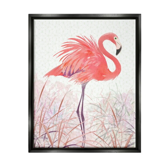 Stupell Flamingo Bird Tropical Grasses Patterned Animals & Insects Painting Black Floater Framed Art Print Wall Art