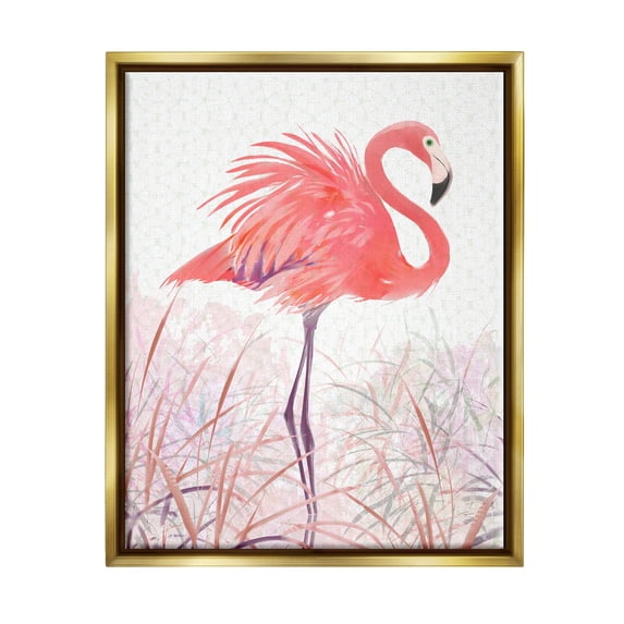 Stupell Flamingo Bird Tropical Grasses Patterned Animals & Insects Painting Gold Floater Framed Art Print Wall Art