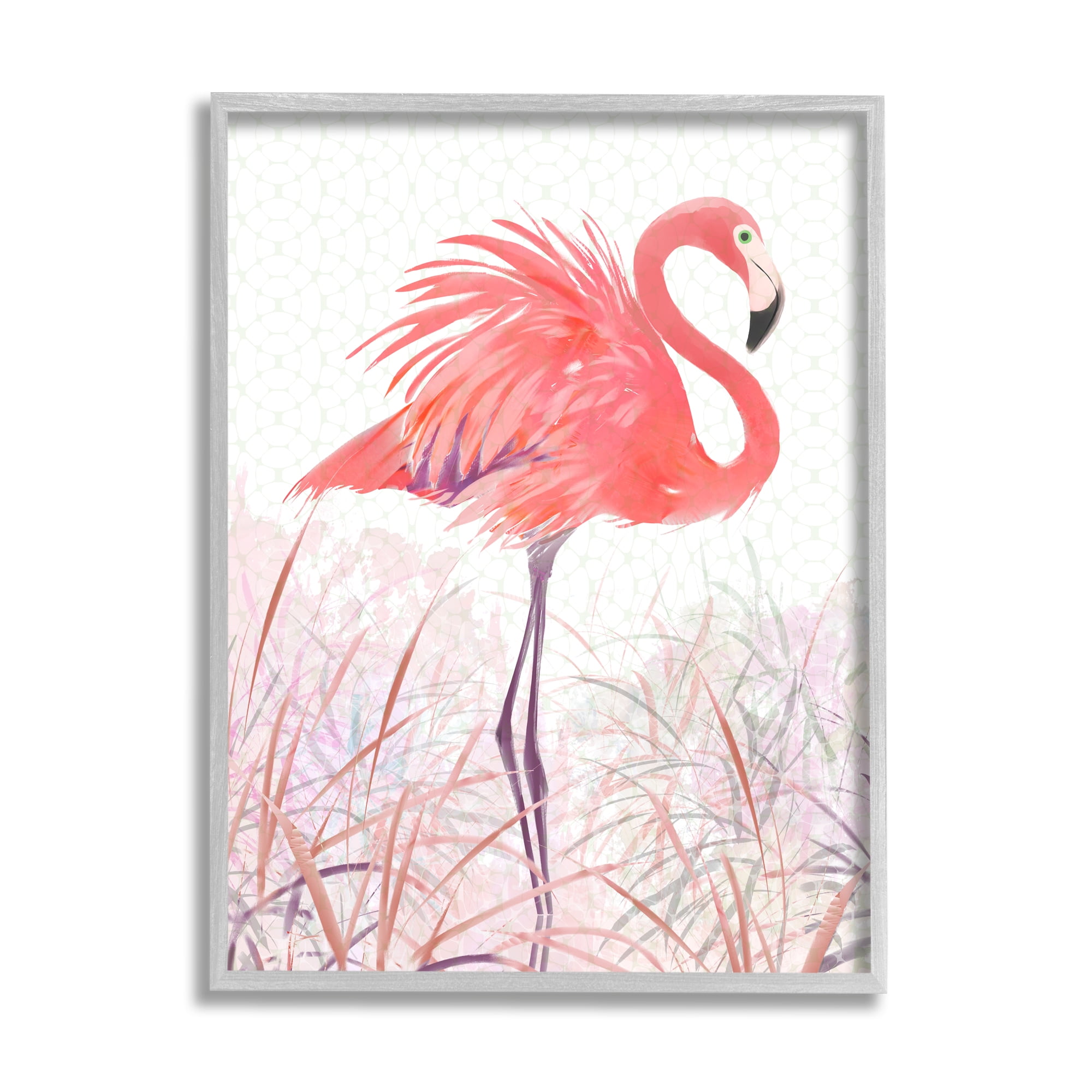 Stupell Flamingo Bird Tropical Grasses Patterned Animals & Insects Painting Gray Framed Art Print Wall Art