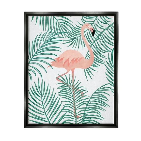 Stupell Flamingo Perched Tropical Palm Leaves Landscape Painting Black Floater Framed Art Print Wall Art