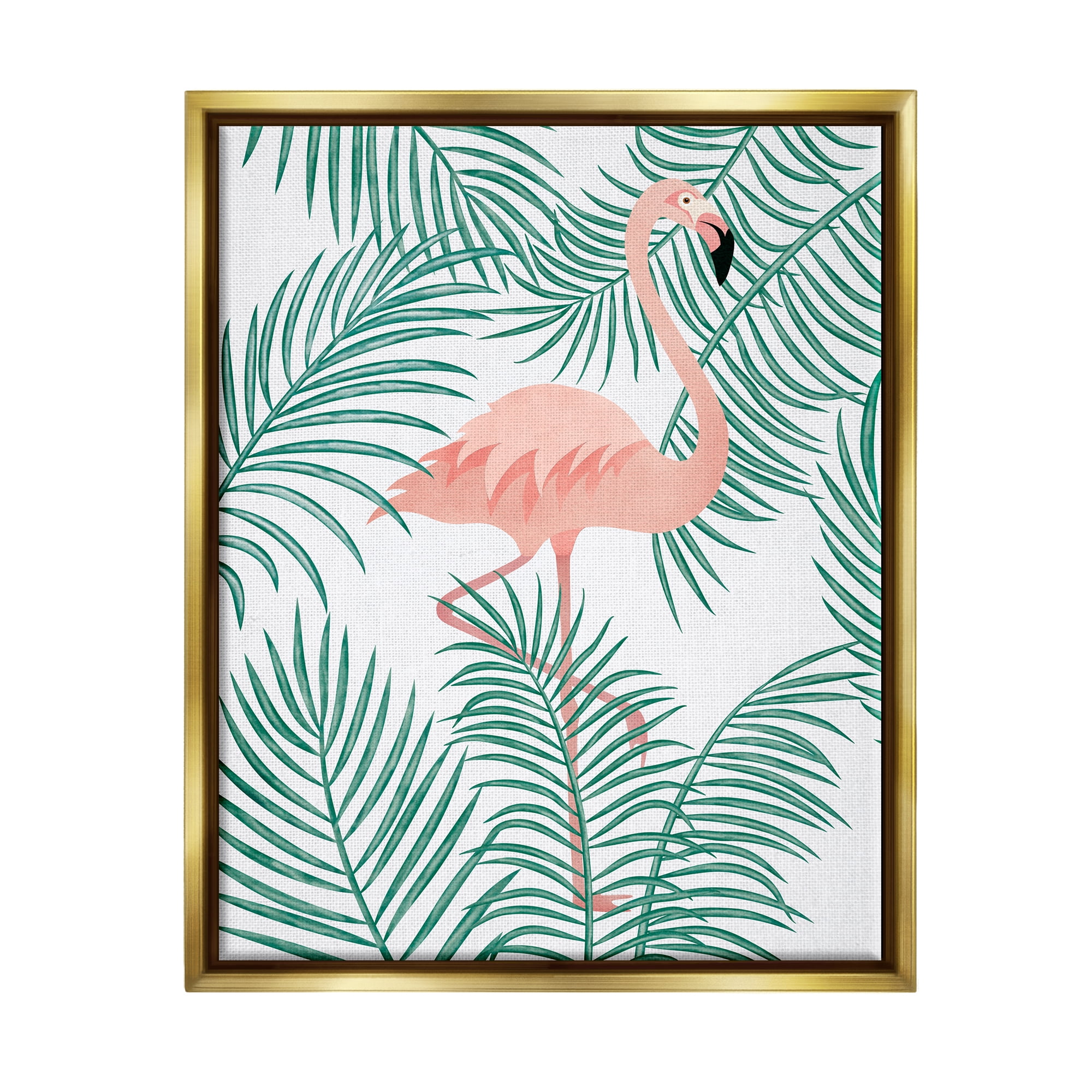 Gold Floater Framed Flamingo Tropical Palm Leaves Canvas Art