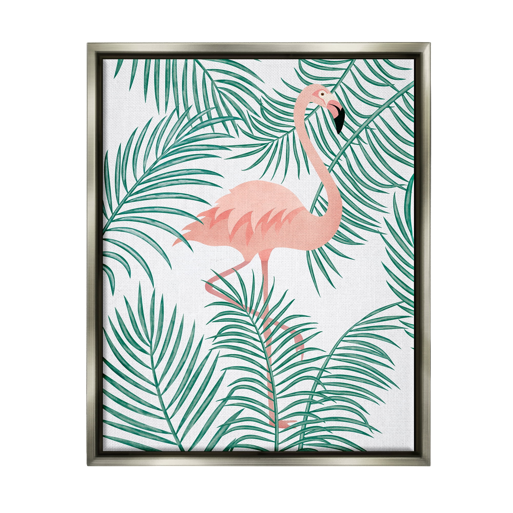Stupell Flamingo Perched Tropical Palm Leaves Landscape Painting Gray Floater Framed Art Print Wall Art