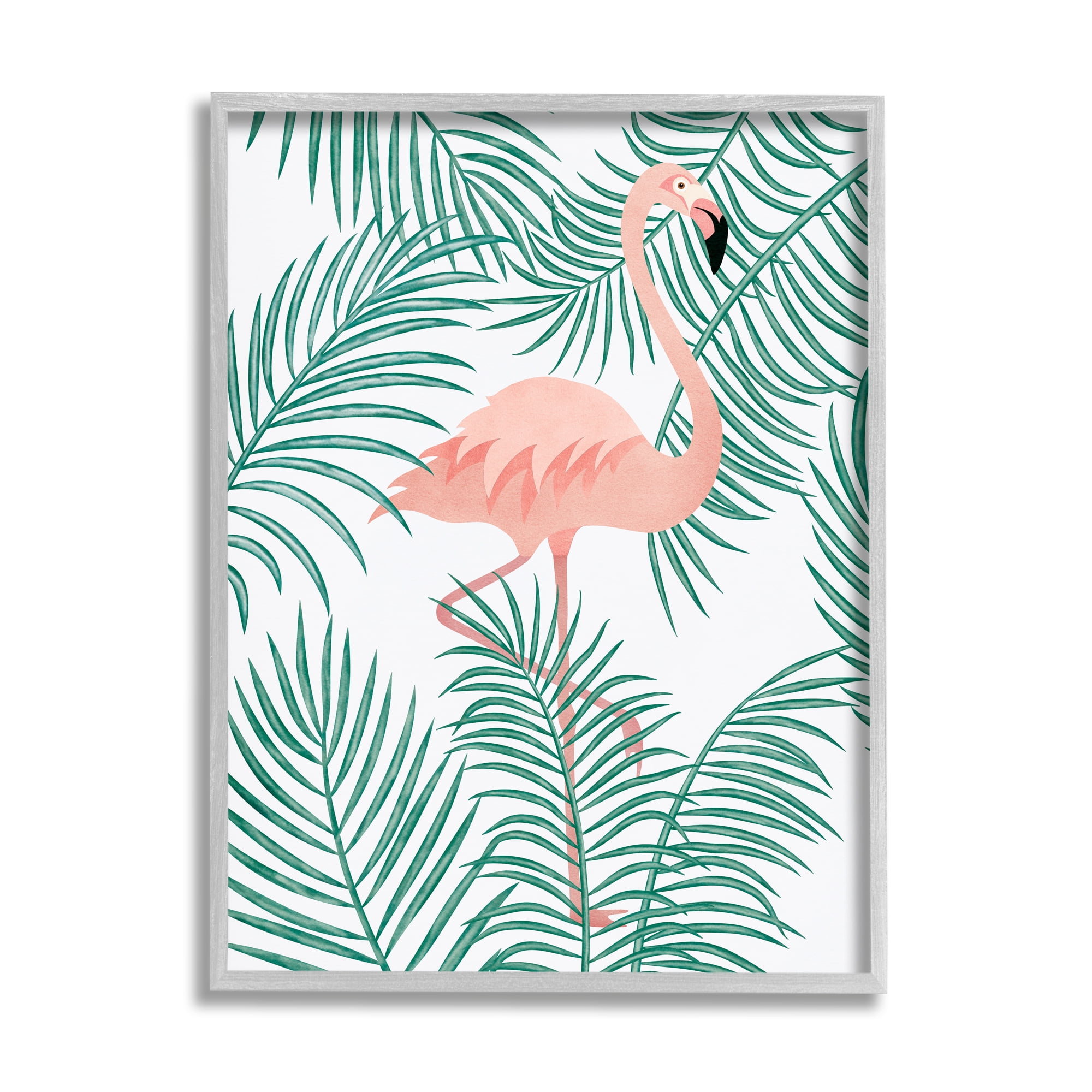 Stupell Flamingo Perched Tropical Palm Leaves Landscape Painting Gray Framed Art Print Wall Art