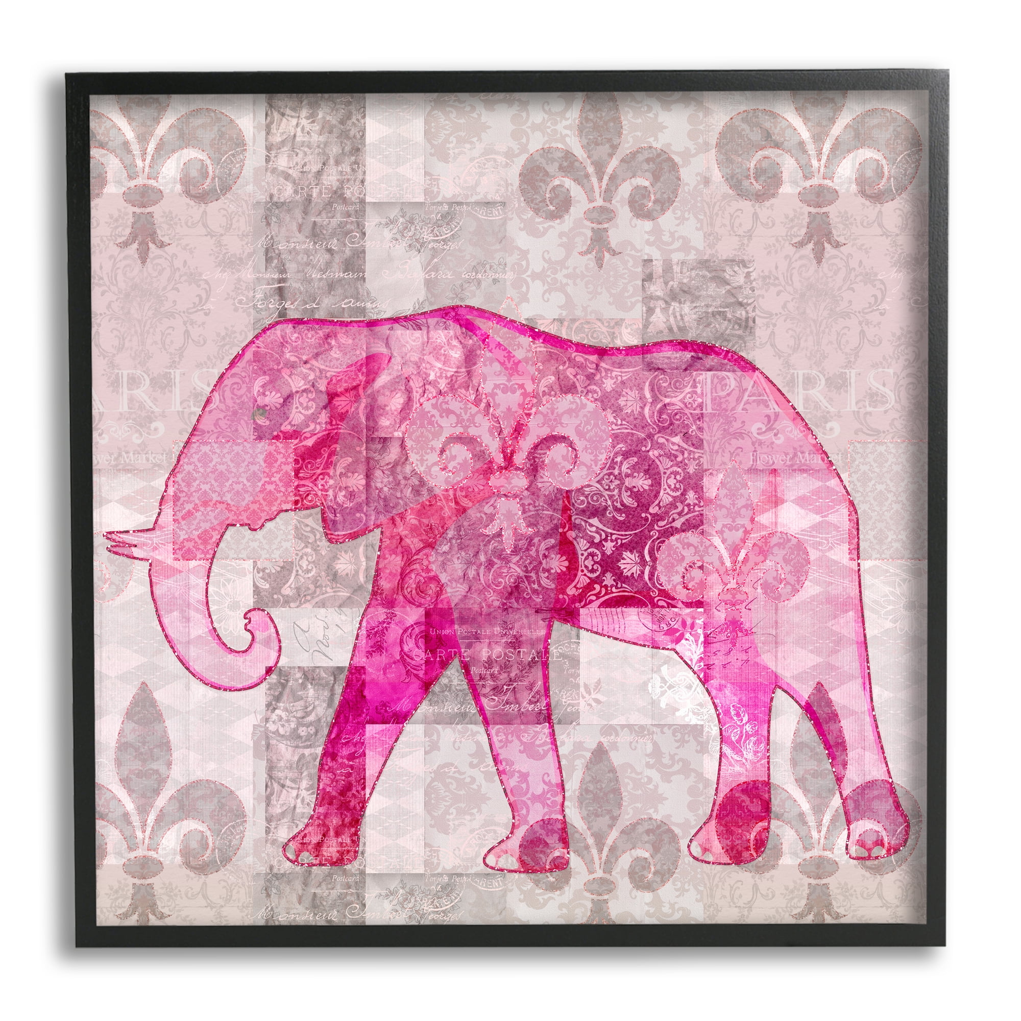 Stupell Fleur De Lis Pink Elephant Pattern Animals & Insects Painting Black Framed Art Print Wall Art
