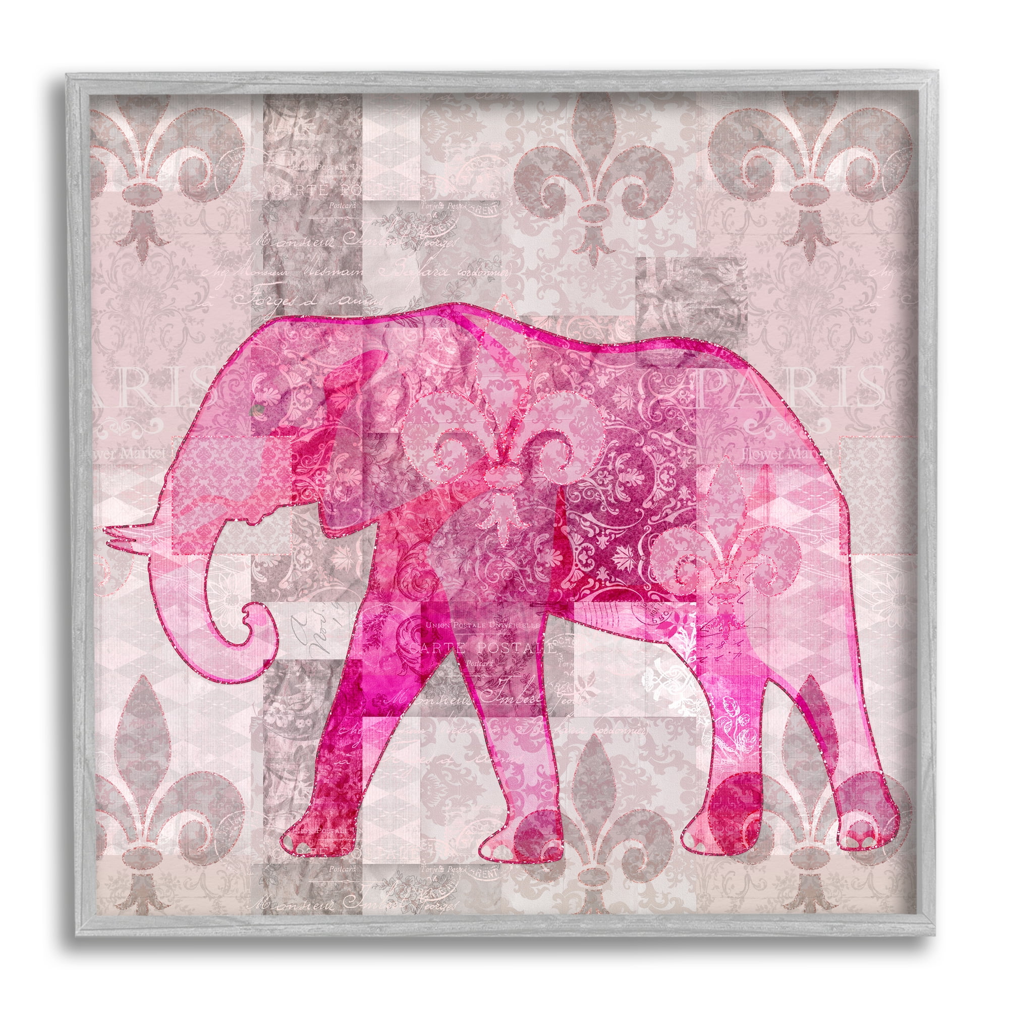 Stupell Fleur De Lis Pink Elephant Pattern Animals & Insects Painting Gray Framed Art Print Wall Art