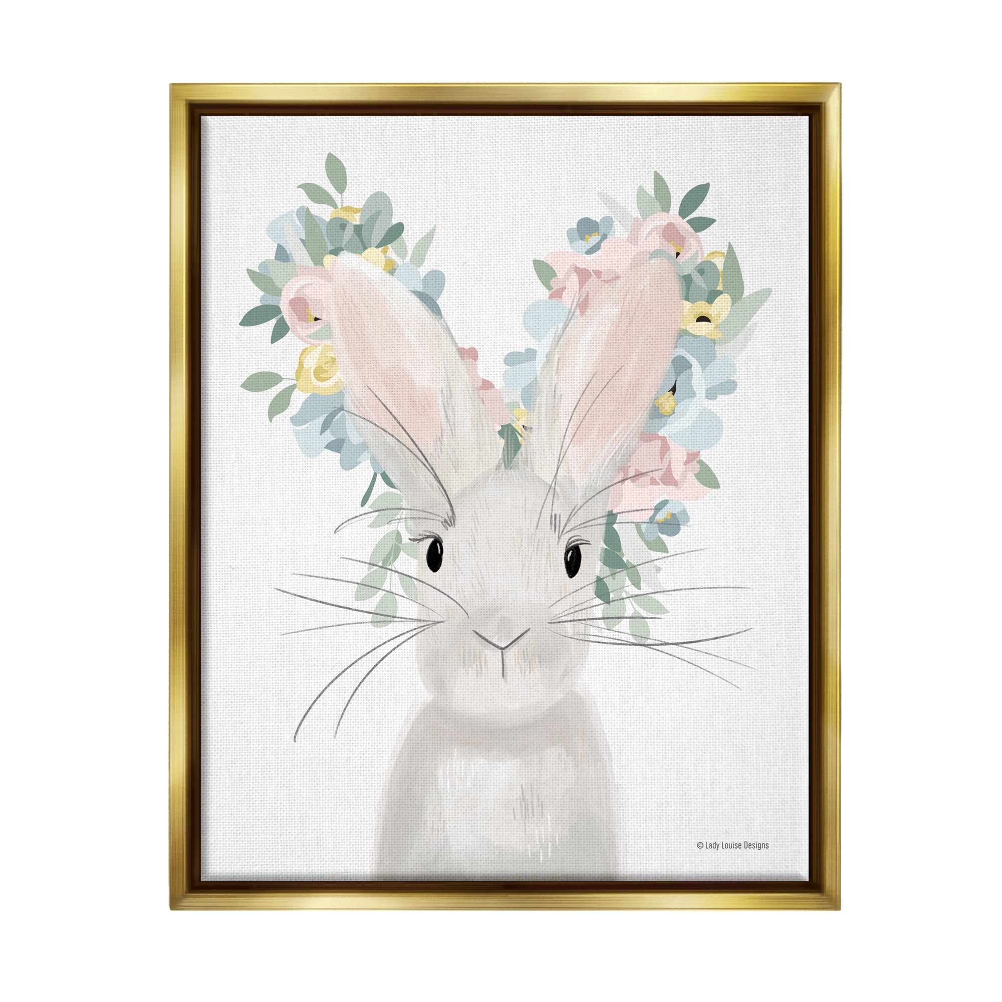 Stupell Floral Bunny Rabbit Blossoms Animals & Insects Painting Gold Floater Framed Art Print Wall Art