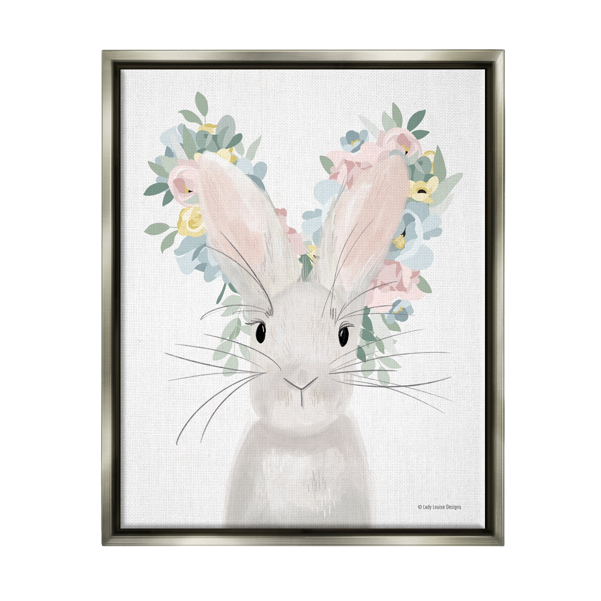 Stupell Floral Bunny Rabbit Blossoms Animals & Insects Painting Gray Floater Framed Art Print Wall Art