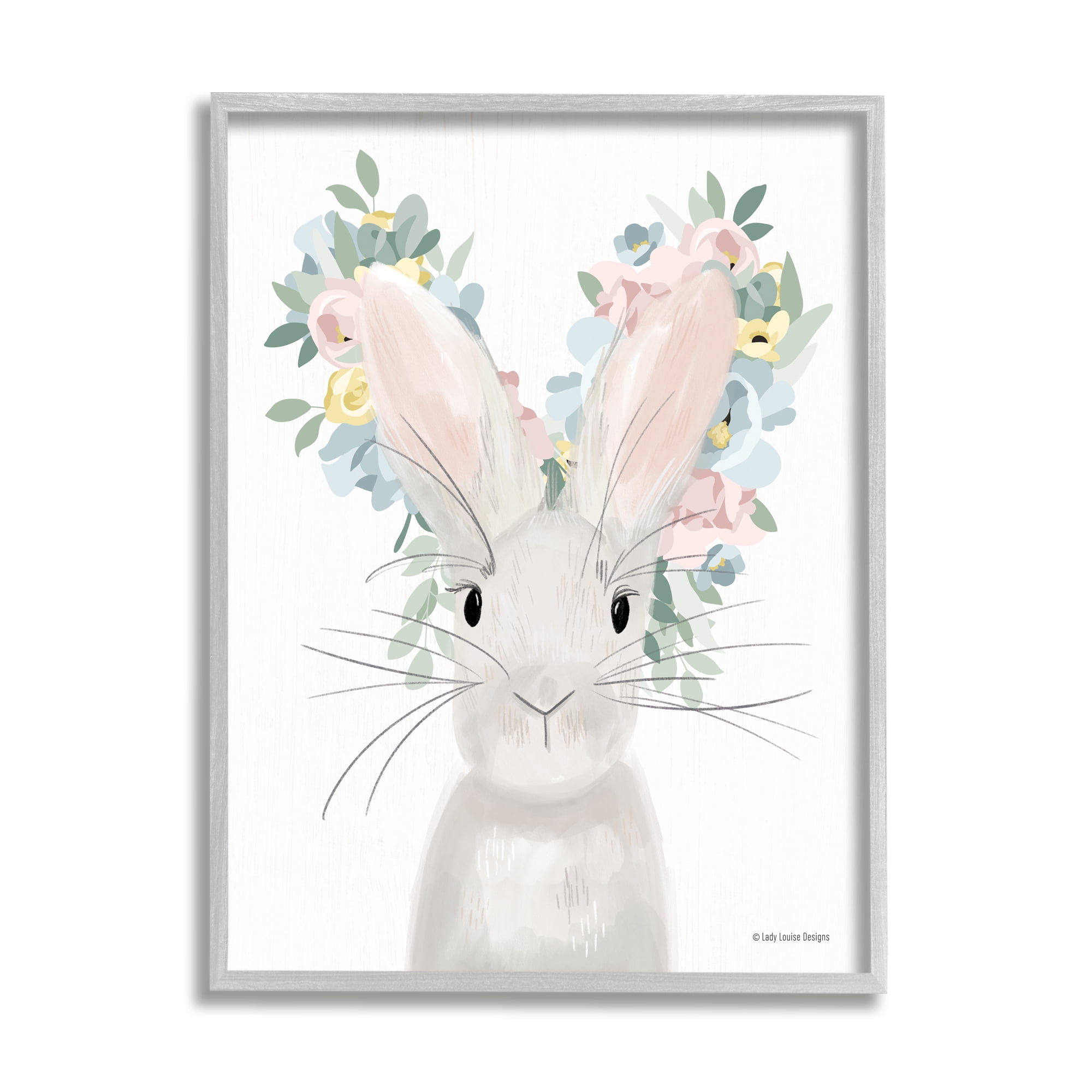 Stupell Floral Bunny Rabbit Blossoms Animals & Insects Painting Gray Framed Art Print Wall Art