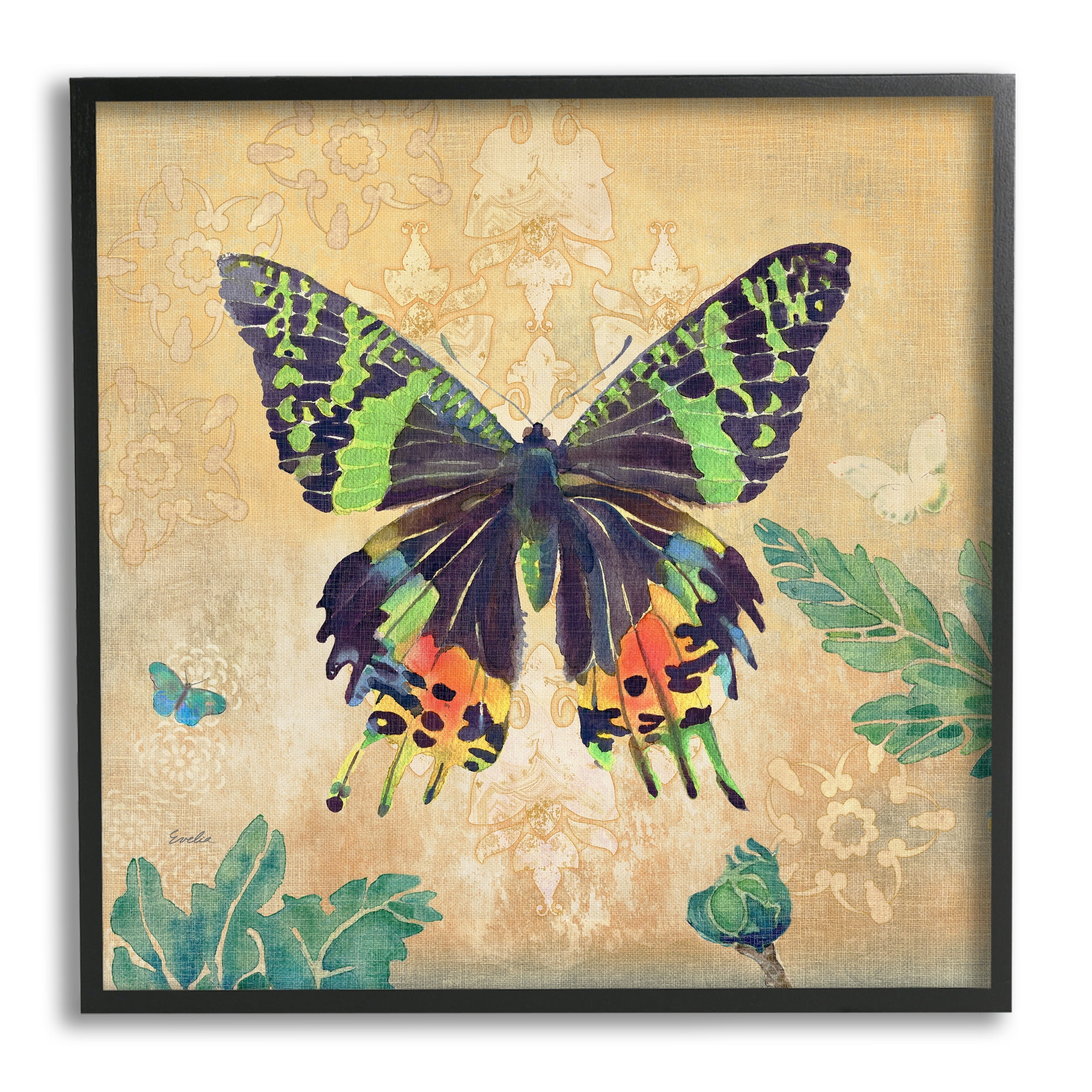 Stupell Floral Butterfly Vintage Pattern Animals & Insects Painting Black Framed Art Print Wall Art