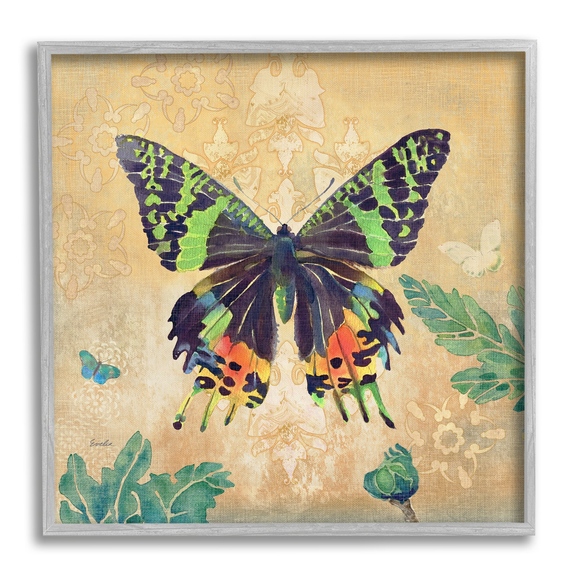 Stupell Floral Butterfly Vintage Pattern Animals & Insects Painting Gray Framed Art Print Wall Art