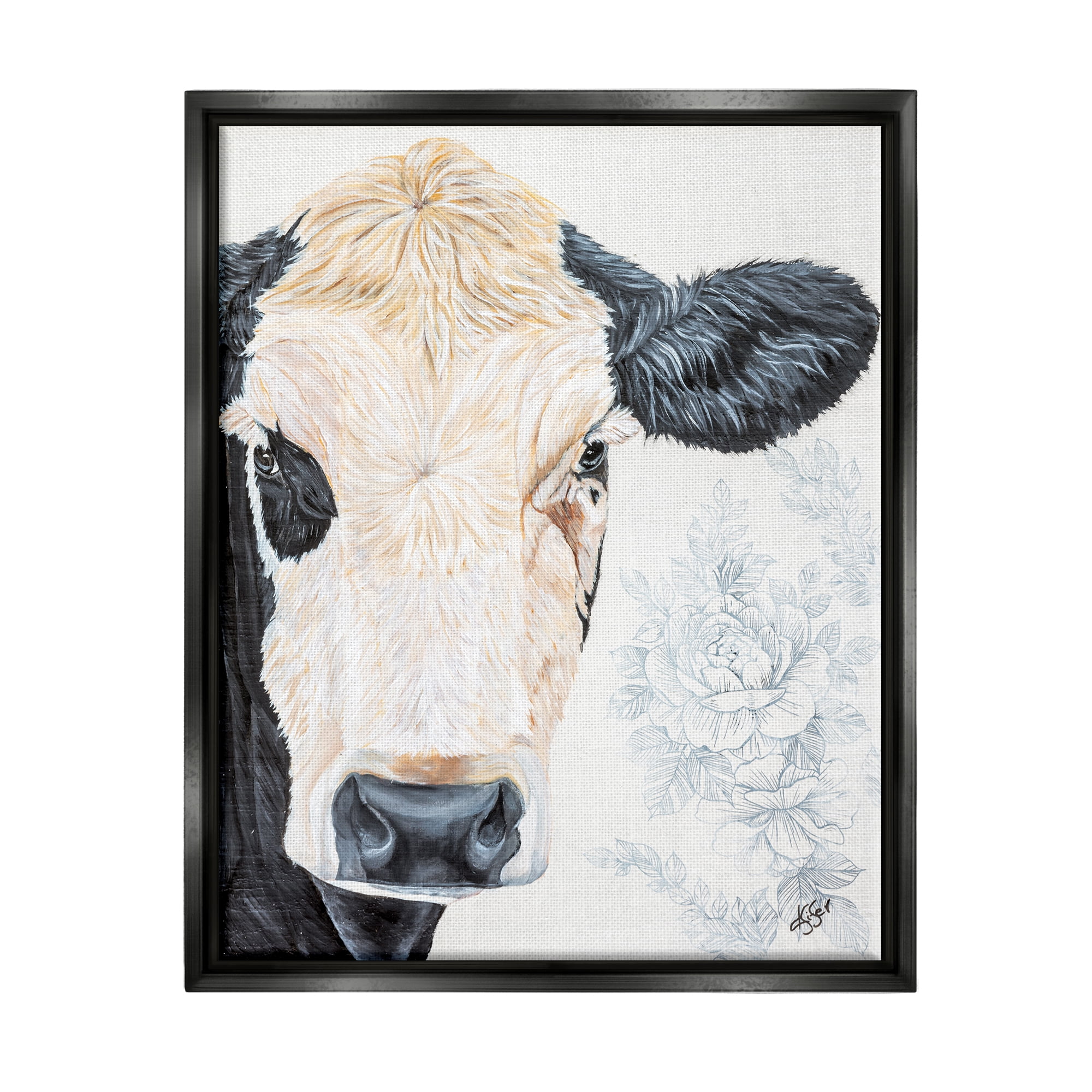 Stupell Floral Cow Farmhouse Rural Portrait Animals & Insects Painting Black Floater Framed Art Print Wall Art