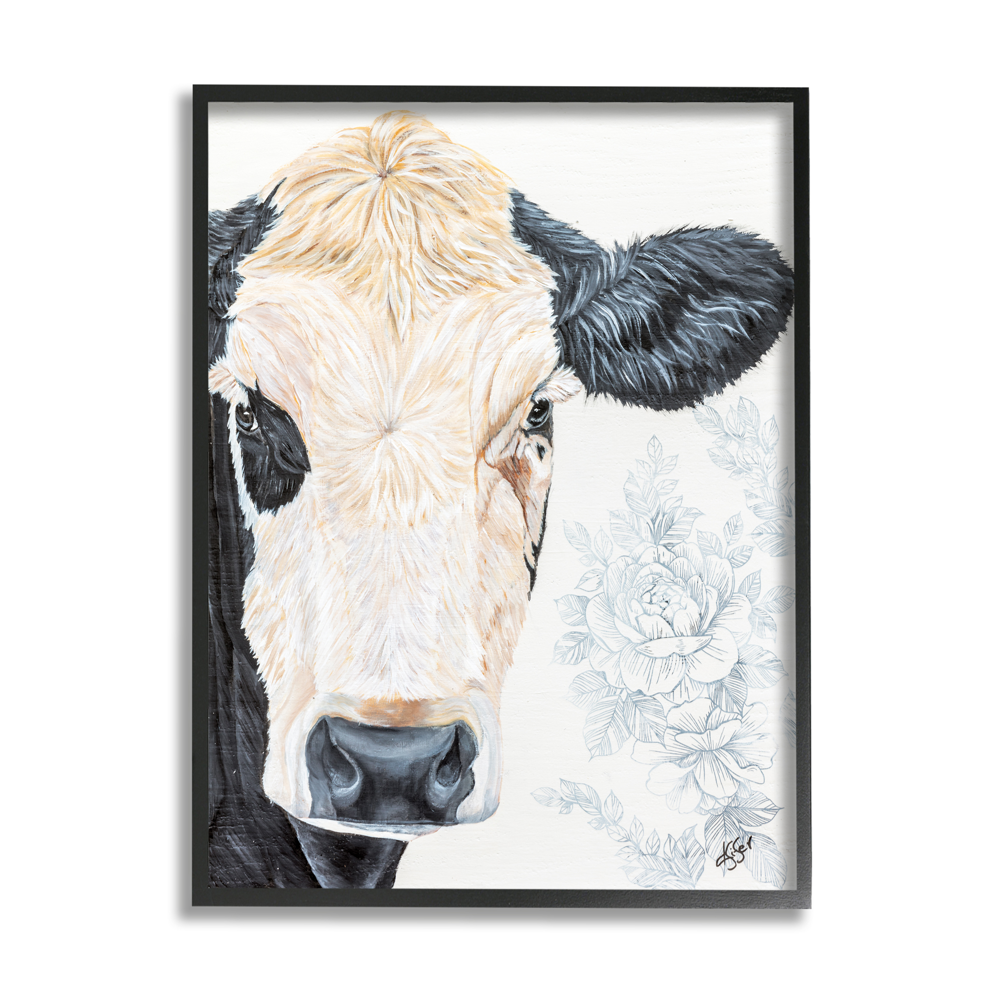 Stupell Floral Cow Farmhouse Rural Portrait Animals & Insects Painting Black Framed Art Print Wall Art