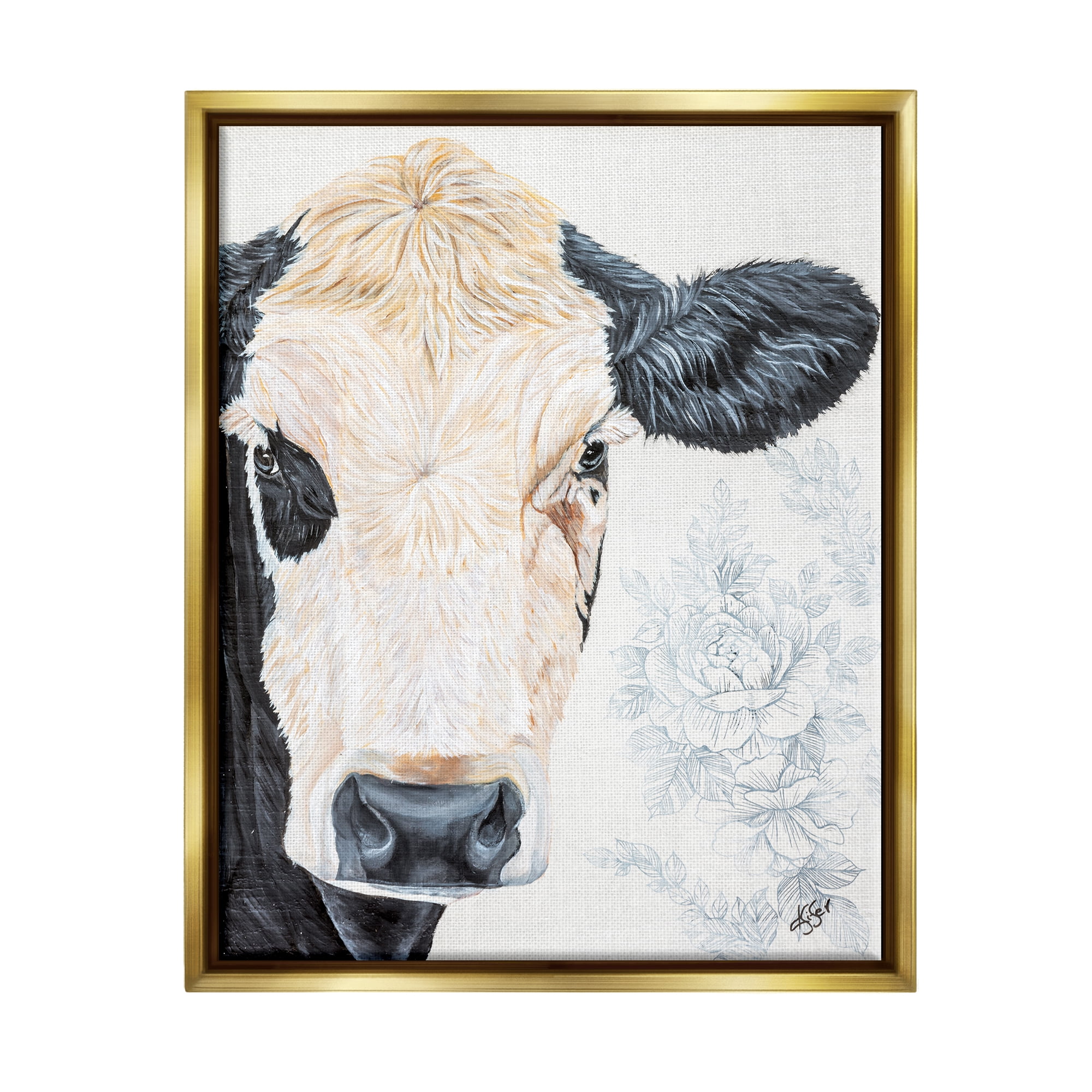 Stupell Floral Cow Farmhouse Rural Portrait Animals & Insects Painting Gold Floater Framed Art Print Wall Art