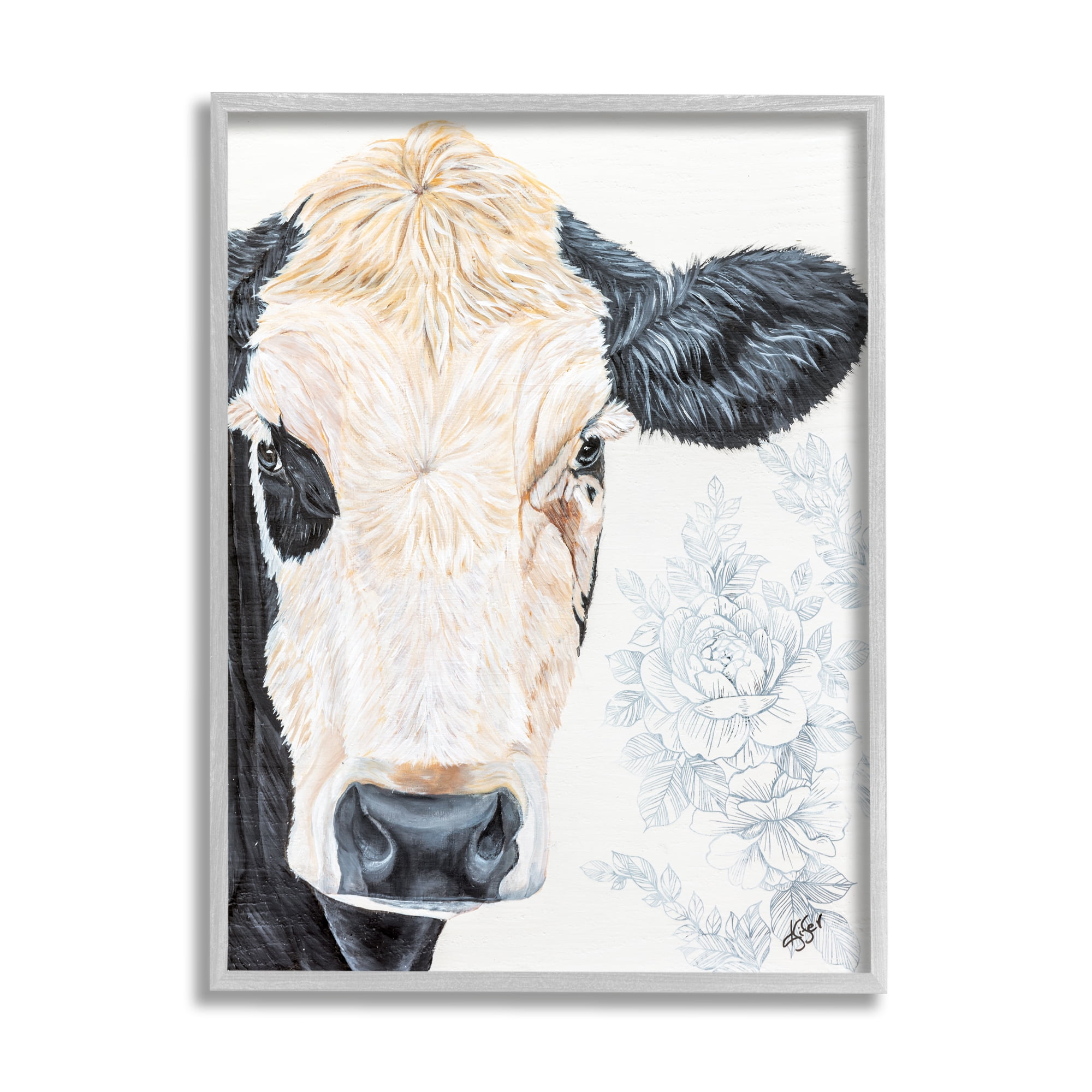 Stupell Floral Cow Farmhouse Rural Portrait Animals & Insects Painting Gray Framed Art Print Wall Art