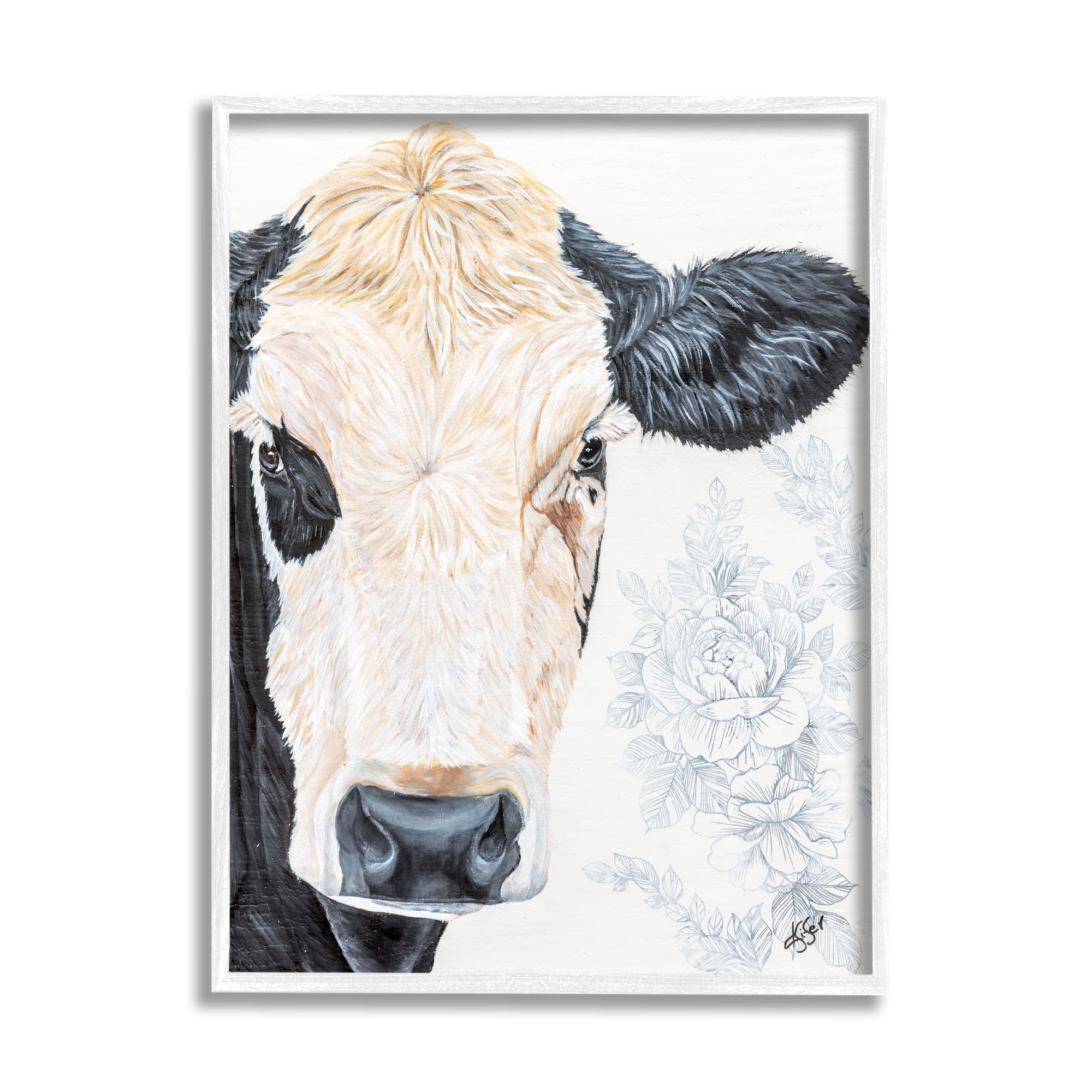 Stupell Floral Cow Farmhouse Rural Portrait Animals & Insects Painting White Framed Art Print Wall Art