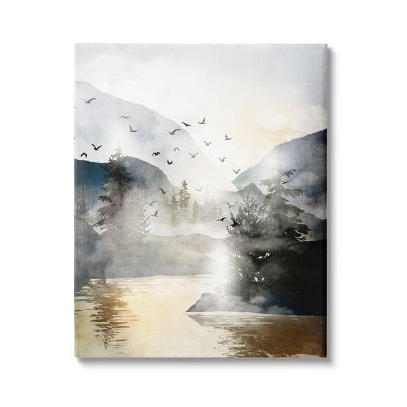 Stupell Flying Birds Mountain Lake View Landscape Painting Gallery Wrapped Canvas Print Wall Art