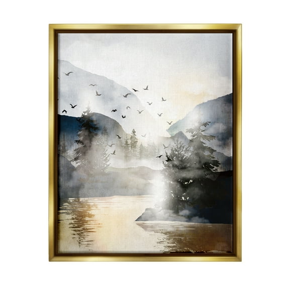 Stupell Flying Birds Mountain Lake View Landscape Painting Gold Floater Framed Art Print Wall Art