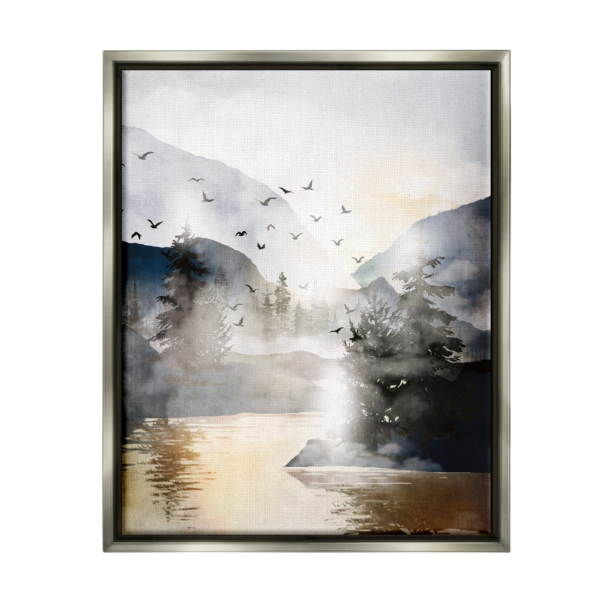 Stupell Flying Birds Mountain Lake View Landscape Painting Gray Floater Framed Art Print Wall Art