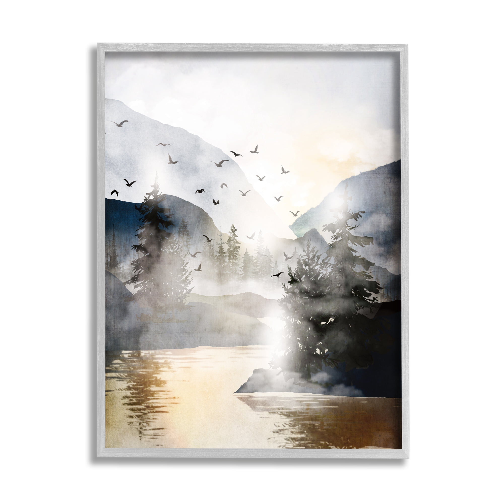 Stupell Flying Birds Mountain Lake View Landscape Painting Gray Framed Art Print Wall Art