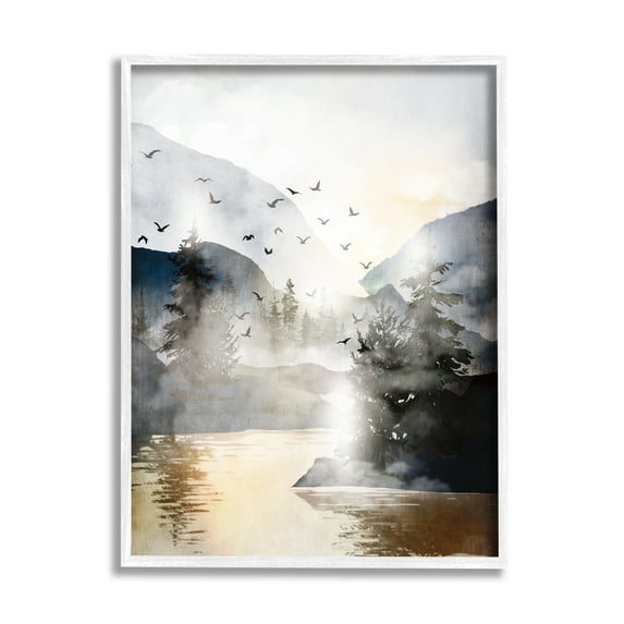 Stupell Flying Birds Mountain Lake View Landscape Painting White Framed Art Print Wall Art