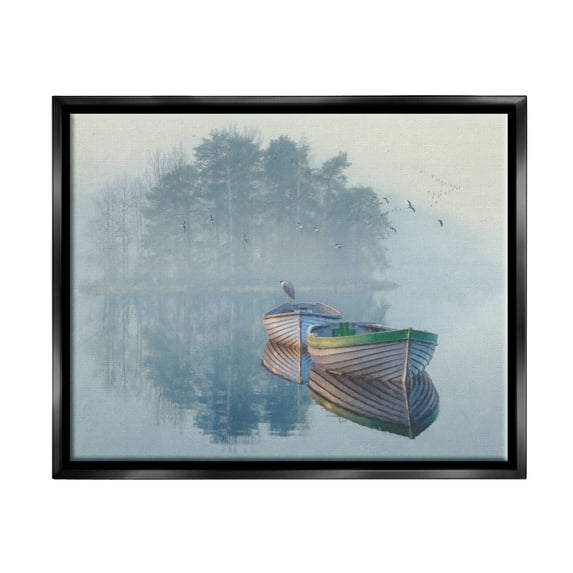 Stupell Foggy Boat Lake Reflection Landscape Painting Black Floater Framed Art Print Wall Art