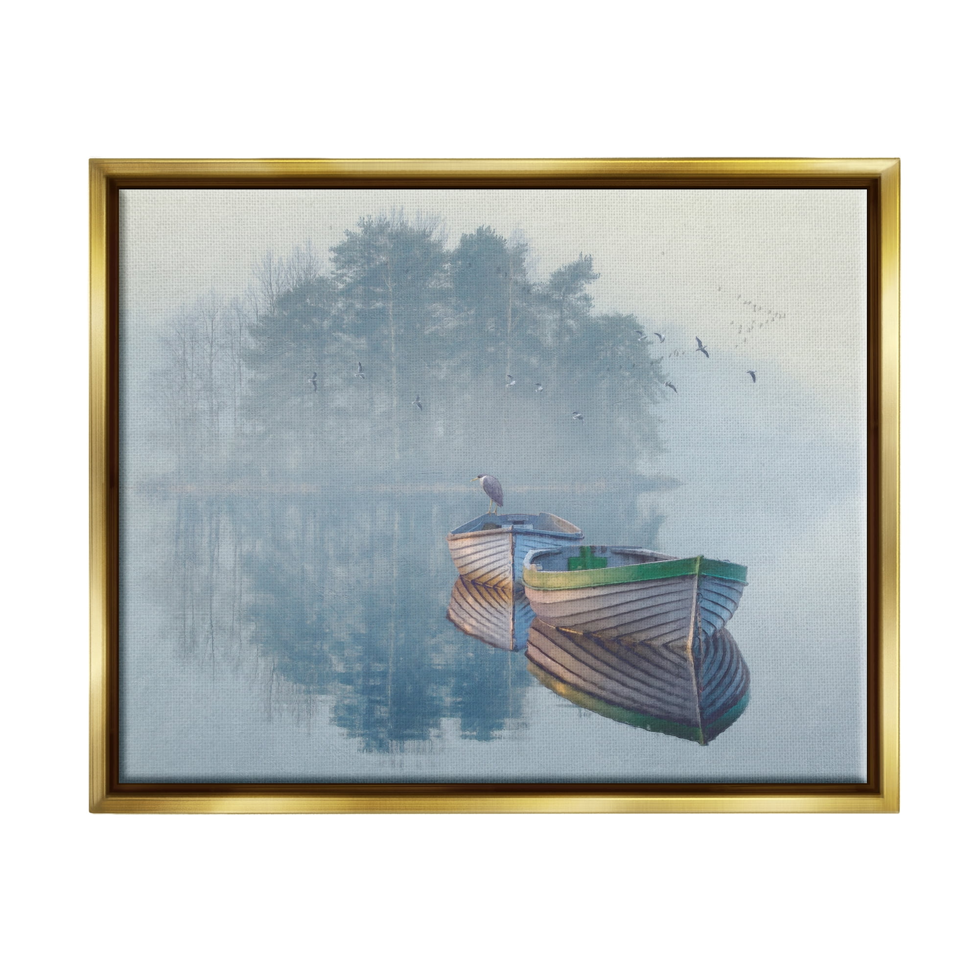 Stupell Foggy Boat Lake Reflection Landscape Painting Gold Floater Framed Art Print Wall Art