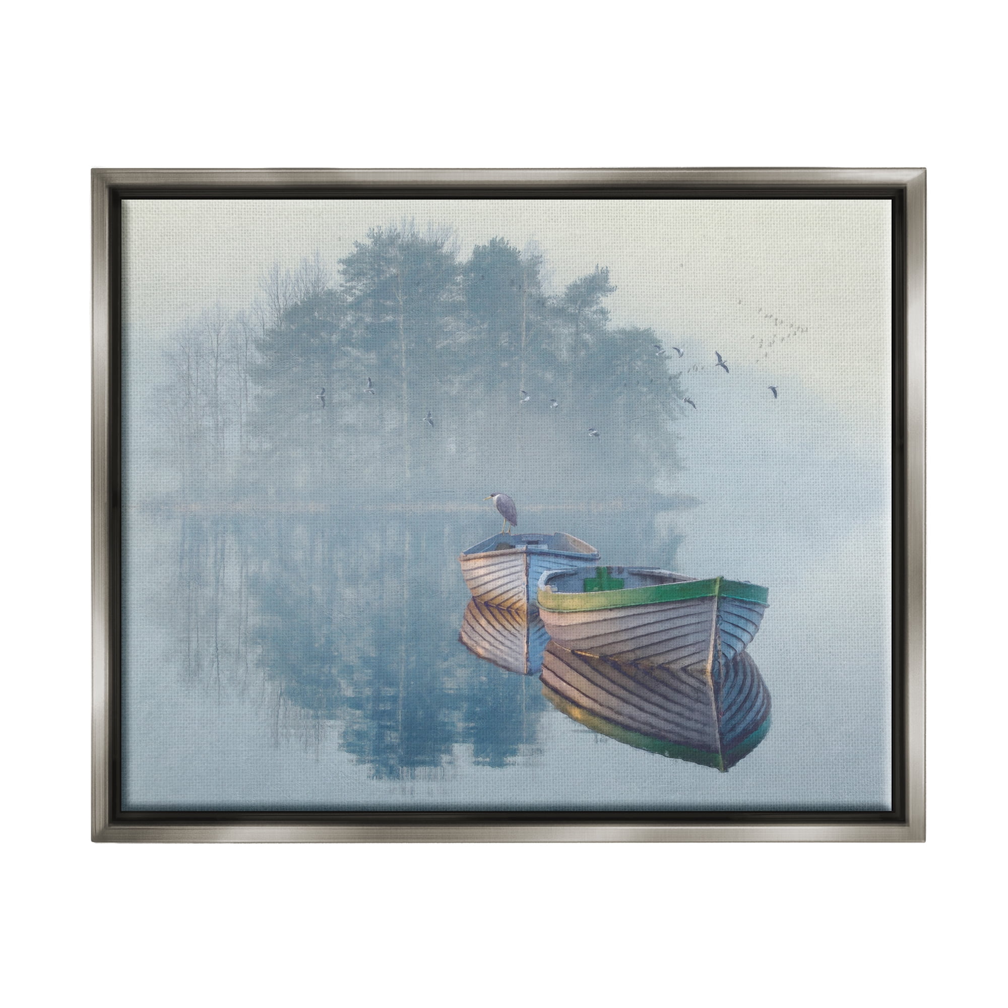 Stupell Foggy Boat Lake Reflection Landscape Painting Gray Floater Framed Art Print Wall Art
