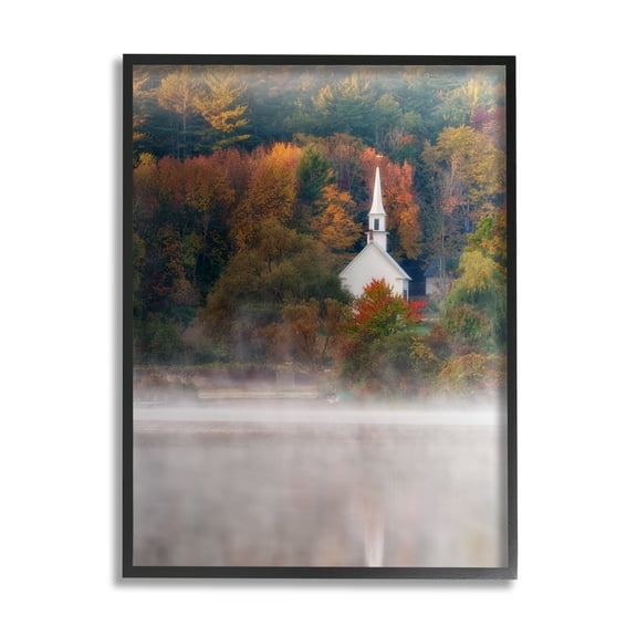 Stupell Foggy Lake Autumn Foliage Scenery Landscape Photography Black Framed Art Print Wall Art