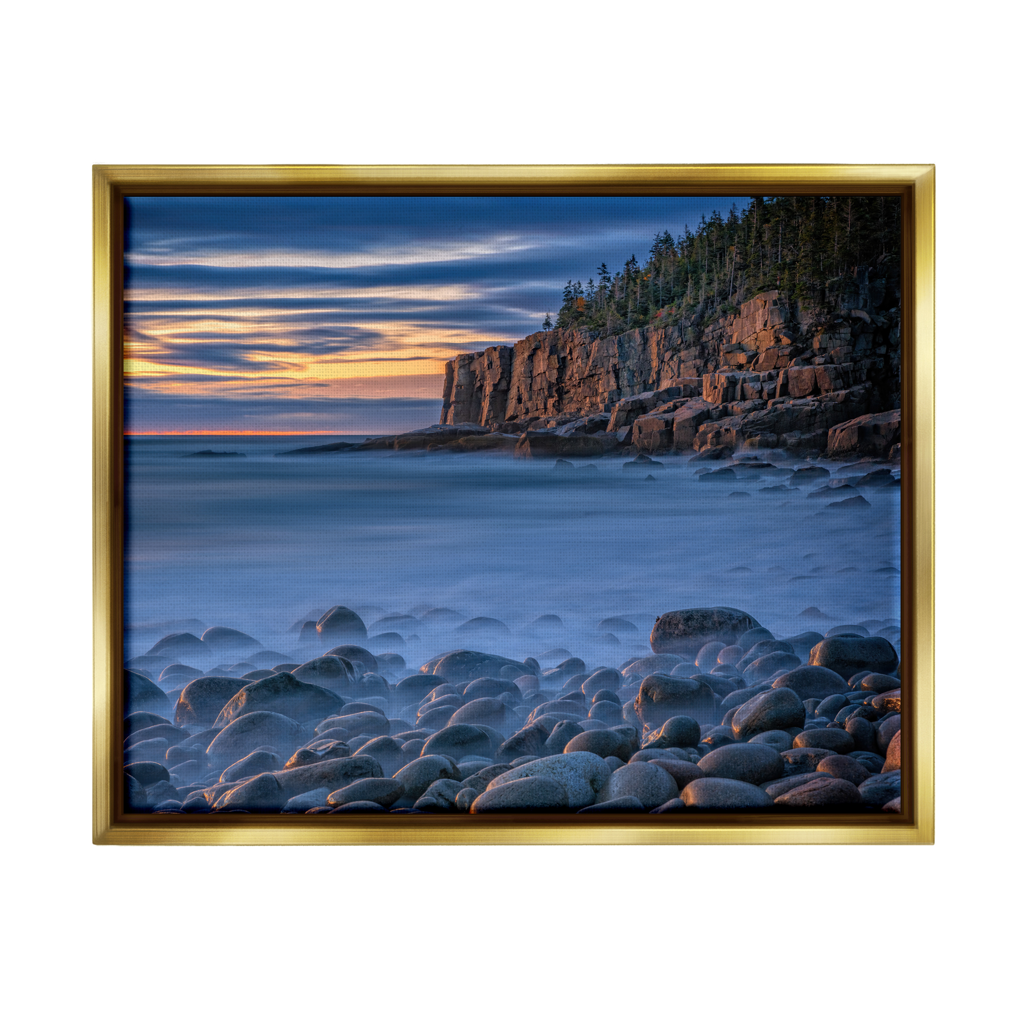Stupell Foggy Seaside Rocks at Sunset Landscape Photography Gold Floater Framed Art Print Wall Art