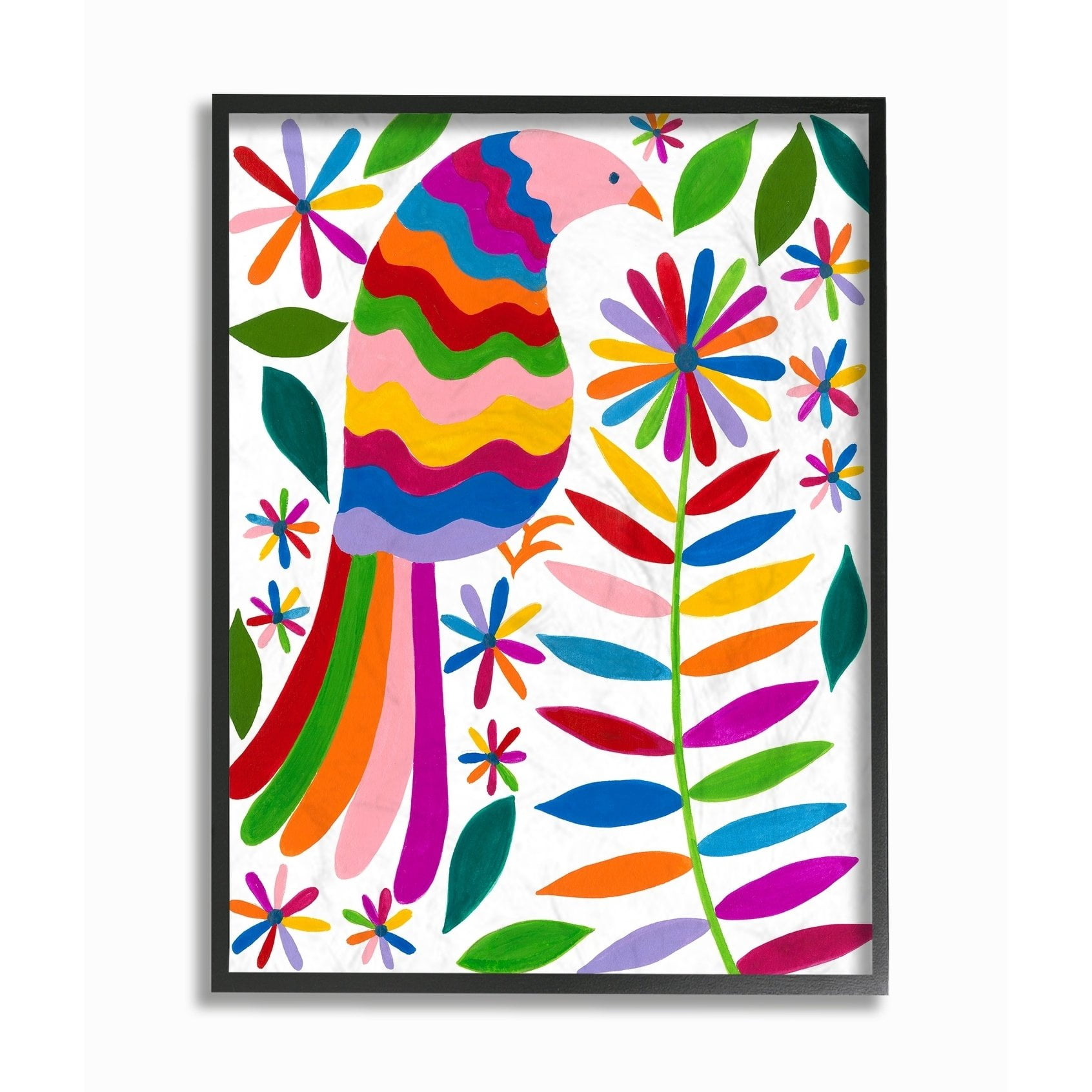 Stupell Folk Art Style Rainbow Feathered Bird and Daisy Flowers Framed Art, 11 x 14, Multi-Color 16 x 20