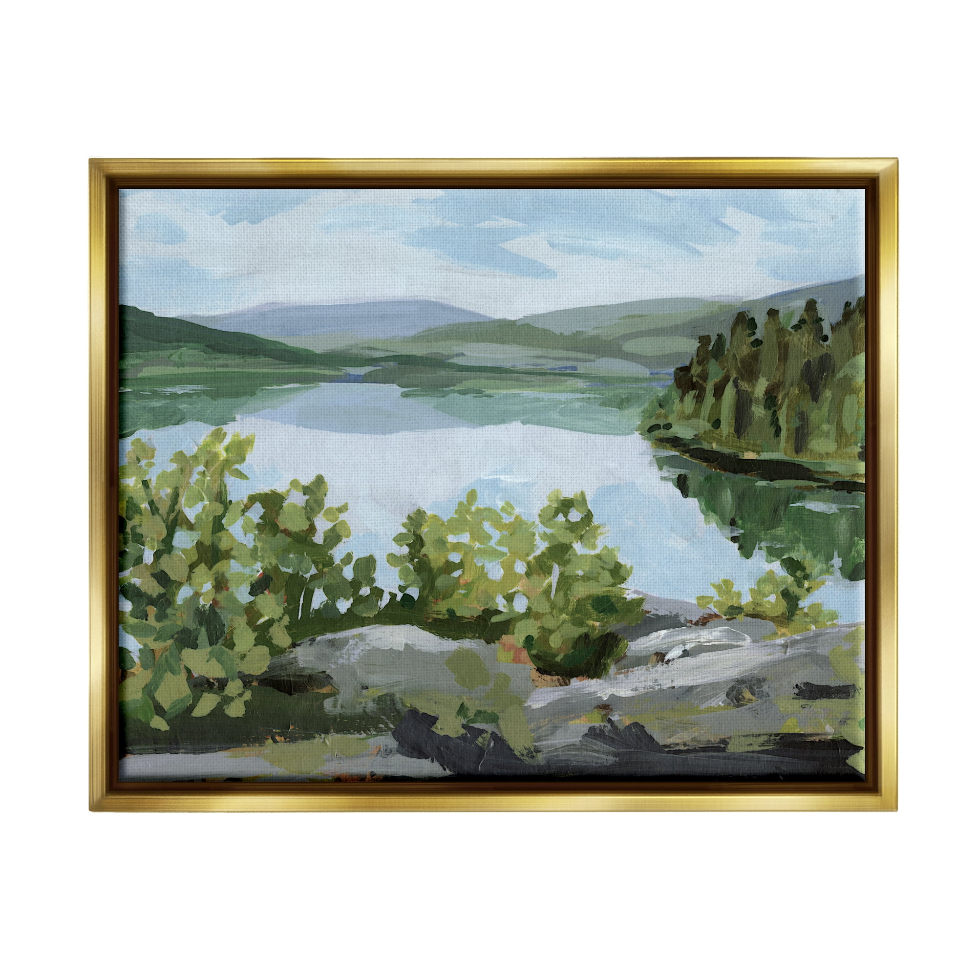 Stupell Forest Lake Clearing Scenery Landscape Painting Gold Floater Framed Art Print Wall Art