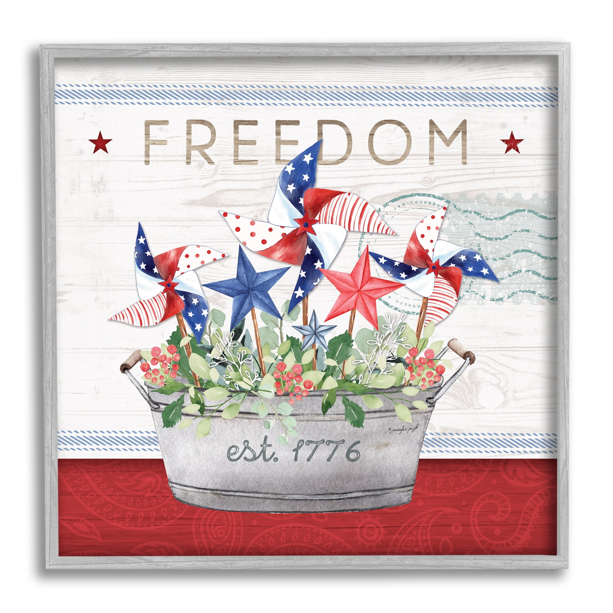 Stupell Freedom Americana Floral Pinwheels Holiday Painting Gray Framed Art Print Wall Art
