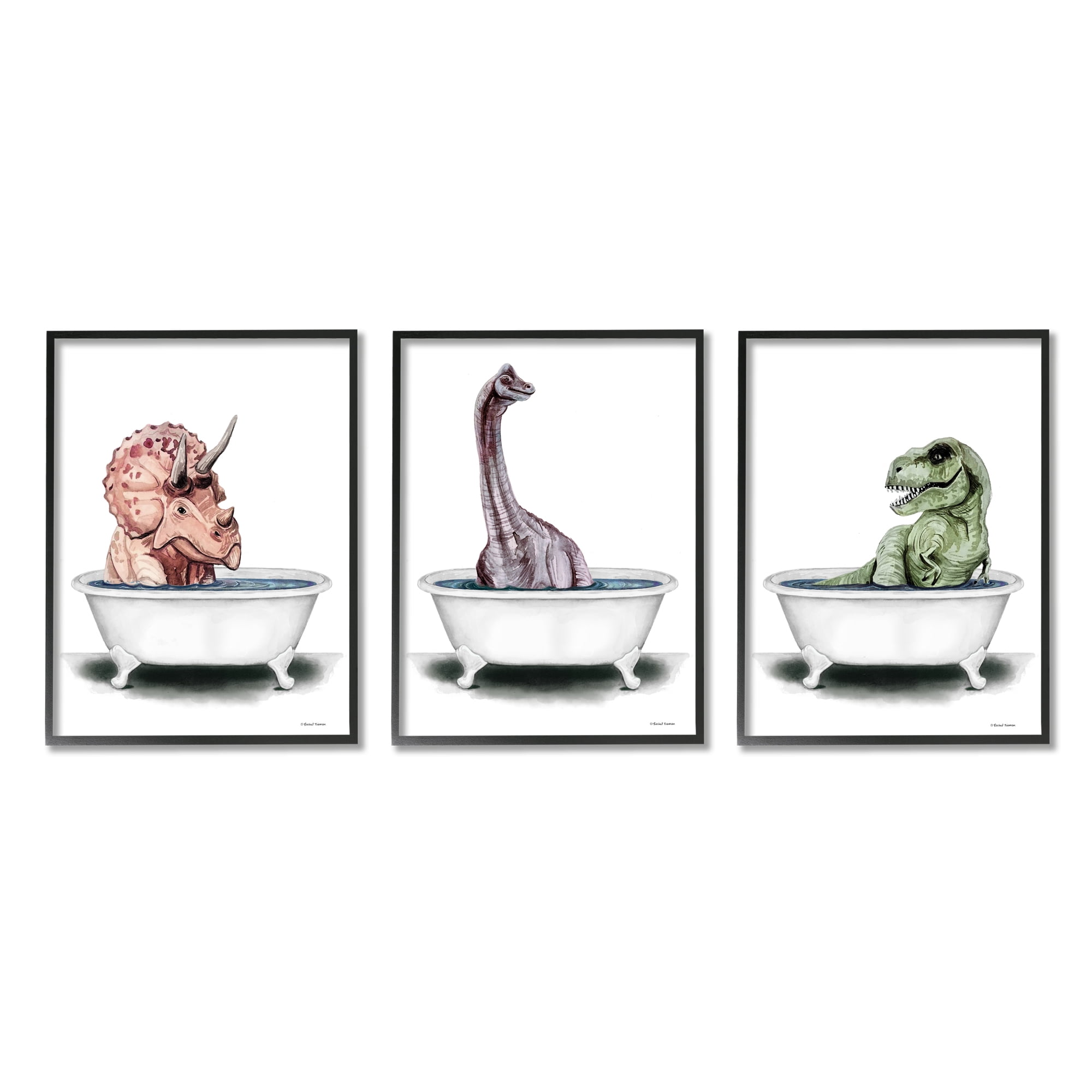 Stupell Fun Dinosaurs Bathroom Tubs Animals & Insects Painting Black Framed Art Print Wall Art, Set of 3
