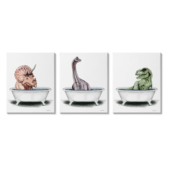 Stupell Fun Dinosaurs Bathroom Tubs Animals & Insects Painting Gallery Wrapped Canvas Print Wall Art, Set of 3