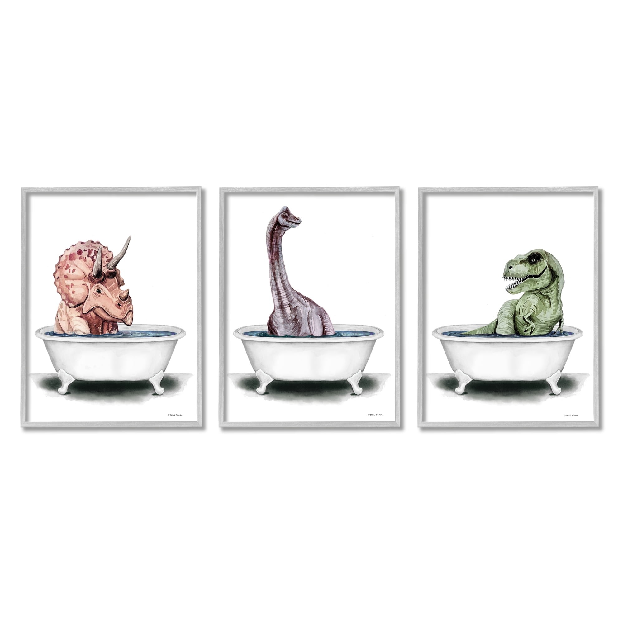 Stupell Fun Dinosaurs Bathroom Tubs Animals & Insects Painting Gray Framed Art Print Wall Art, Set of 3