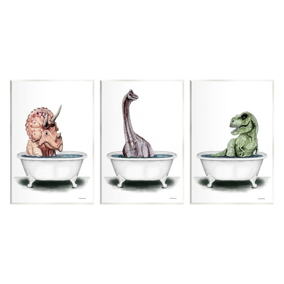 Stupell Fun Dinosaurs Bathroom Tubs Animals & Insects Painting Wall Plaque Unframed Art Print Wall Art, Set of 3