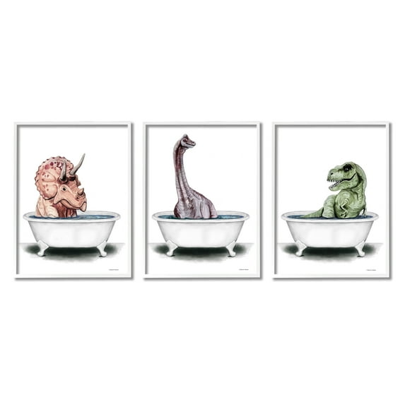 Stupell Fun Dinosaurs Bathroom Tubs Animals & Insects Painting White Framed Art Print Wall Art, Set of 3