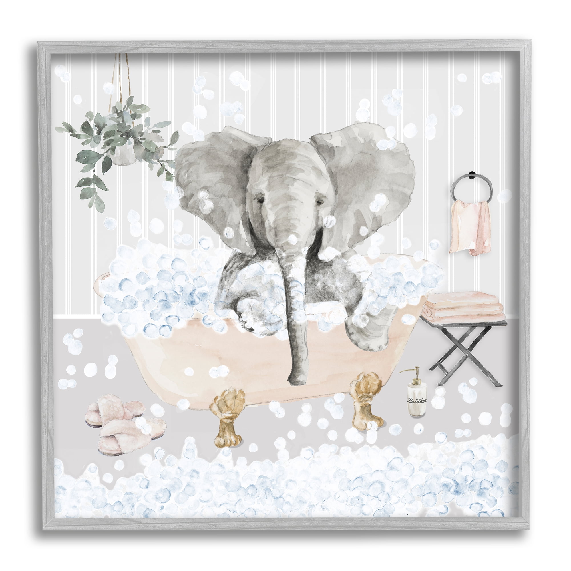 Stupell Fun Elephant Bubble Bath Tub Animals & Insects Painting Gray Framed Art Print Wall Art